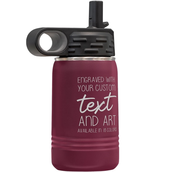 Custom Engraved 12 oz Maroon Water Bottle with Flip Straw and Your Message and Art or Logo