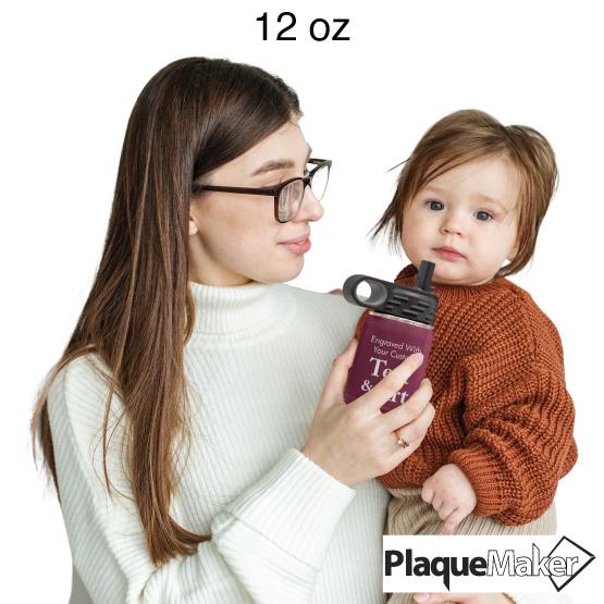 Custom Engraved 12 oz Maroon Water Bottle Size Guide showing a woman holding a toddler and the 12 oz size