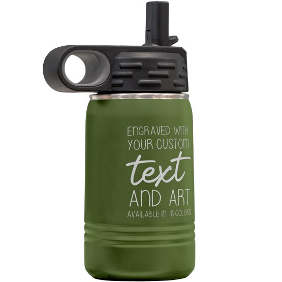 Custom Engraved 12 oz Olive Green Water Bottle with Flip Straw and Your Message and Art or Logo