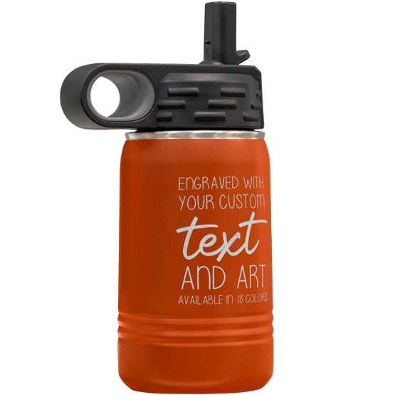 Custom Engraved 12 oz Orange Water Bottle with Flip Straw and Your Message and Art or Logo