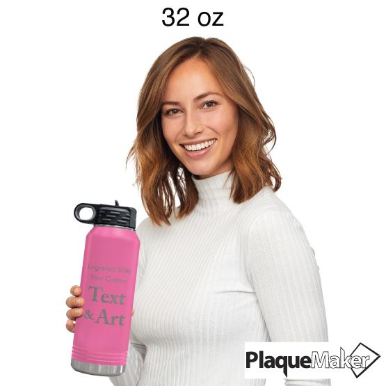 Custom Engraved 32 oz Pink Water Bottle Size Guide showing a woman holding 32 oz size