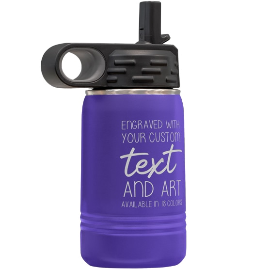 Custom Engraved 12 oz Purple Water Bottle with Flip Straw and Your Message and Art or Logo