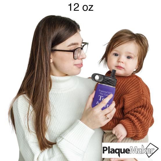 Custom Engraved 12 oz Purple Water Bottle Size Guide showing a woman holding a toddler and the 12 oz size