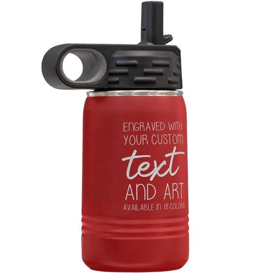 Custom Engraved 12 oz Red Water Bottle with Flip Straw and Your Message and Art or Logo