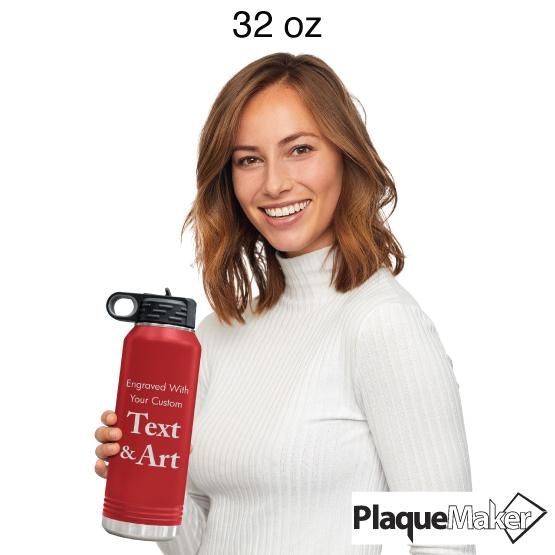 Custom Engraved 32 oz Red Water Bottle Size Guide showing a woman holding 32 oz size