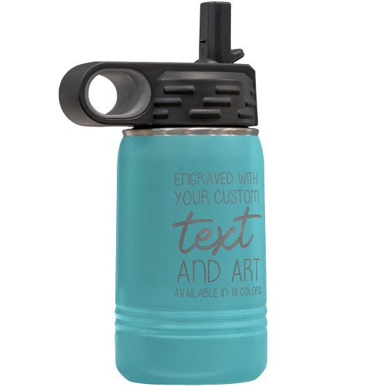 Custom Engraved 12 oz Teal Water Bottle with Flip Straw and Your Message and Art or Logo