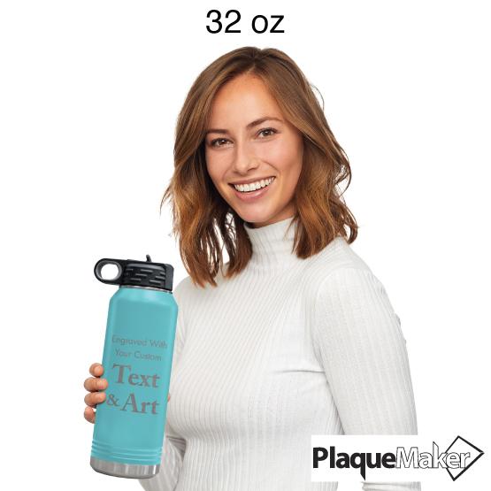 Custom Engraved 32 oz Teal Water Bottle Size Guide showing a woman holding 32 oz size