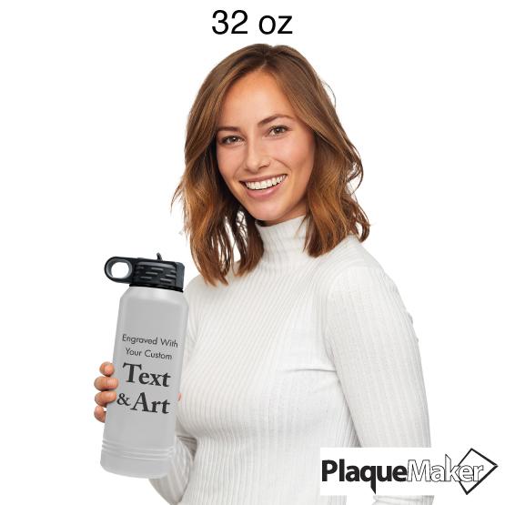 Woman Holding A 32 Oz White With Gold Water Bottle To Show Size