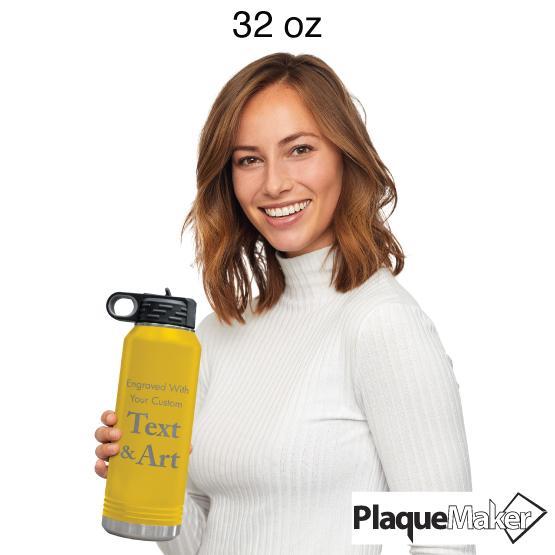 Custom Engraved 32 oz Yellow Water Bottle Size Guide showing a woman holding 32 oz size