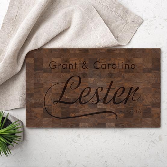 Custom Engraved Walnut Butchers Block Cutting Board On Counter Near Towel