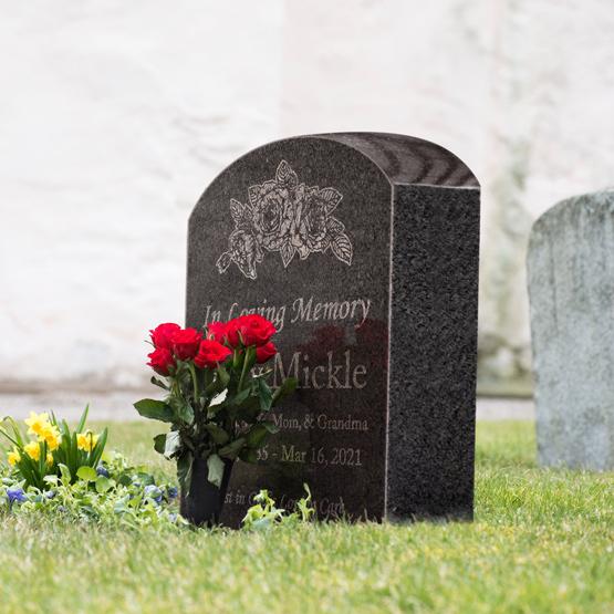 Custom Engraved Standing Tombstone On Grass With Roses