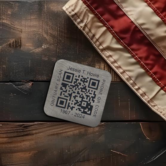 Custom Engraved Titanium Memorial Obituary QR Code Tag On Titanium Near American Flag