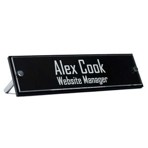 Custom Acrylic Name Plate - Clear Acrylic with Your Choice of Color. Printed with your name, title, and logo.