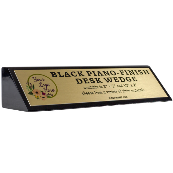 Custom Desk Name Plate - Black Piano Desk Wedge & Custom Name Plate. Printed with your name, title, and logo.
