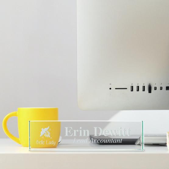 Engraved Glass Desk Plate on Desk