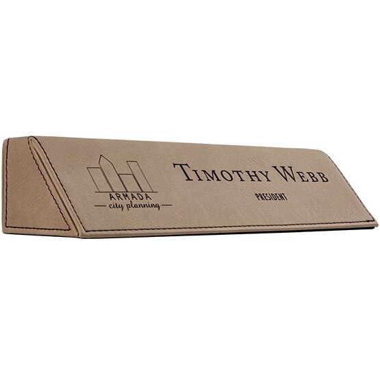 Custom Nameplate - Light Brown Faux Leather Desk Wedge. Engraved with your name, title, and logo.