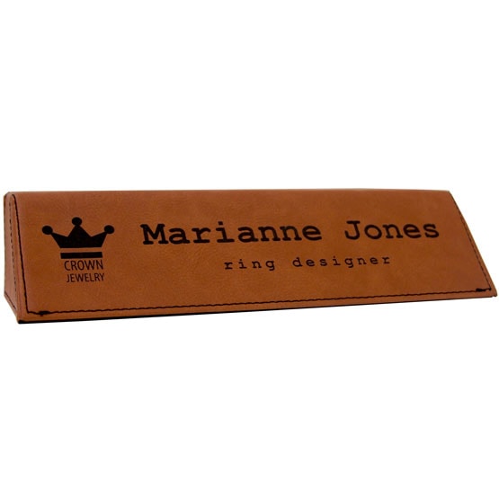 Custom Name Plate - Rawhide Faux Leather Desk Wedge. Engraved with your name, title, and logo.