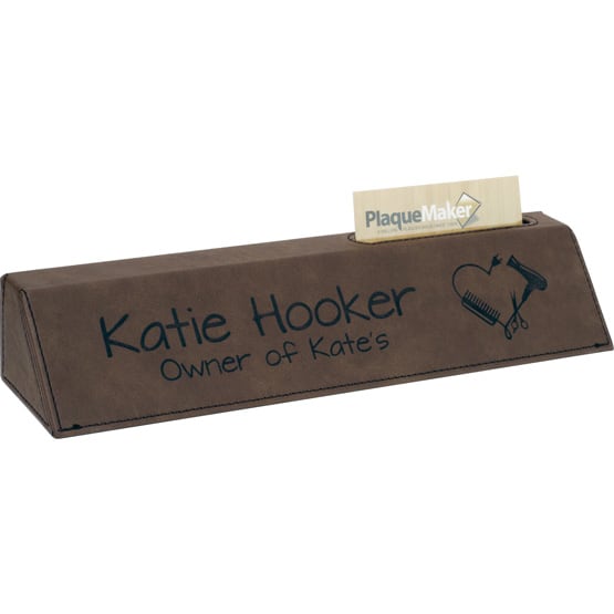 Custom Name Plate with Business Card Slot - Dark Brown Desk Wedge. Engraved with your name, title, and logo.