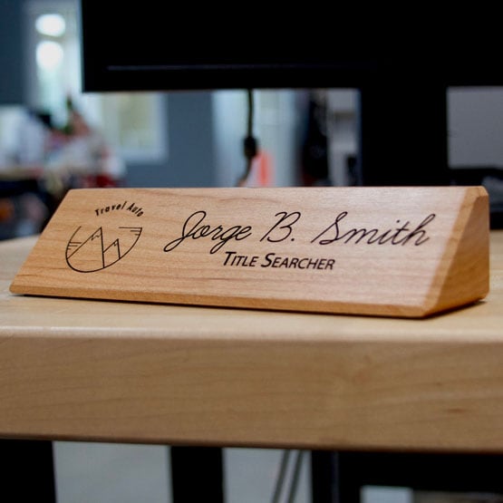 Red Alder Name Wedge Plates on Desk