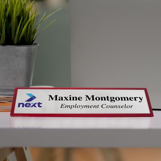 Custom Rosewood Desk Wedge Name Plate with Silver Aluminum Plate displaying name and logo on desk