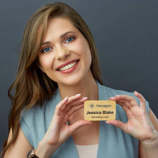 Aluminum Name Badge on Gray Shirt