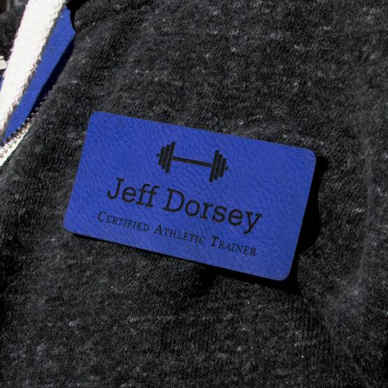 Faux Leather Blue Name Tag on Shirt