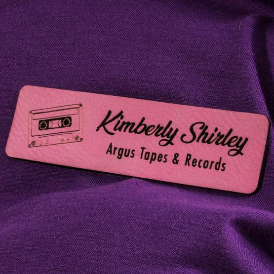 Pink Leather Name Tags on Shirt