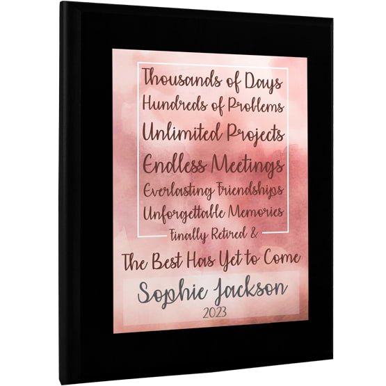 Retirement Plaque With Black Board And Pink Watercolor Aluminum Plate Featuring Special Message And Name And Year