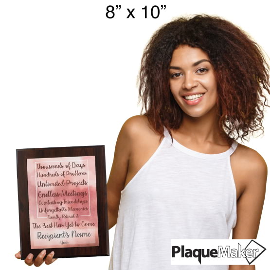 Size Guide With Young Black Woman Holding 8 By 10 Inch Retirement Plaque With Brown Board And Pink Watercolor Aluminum Plate