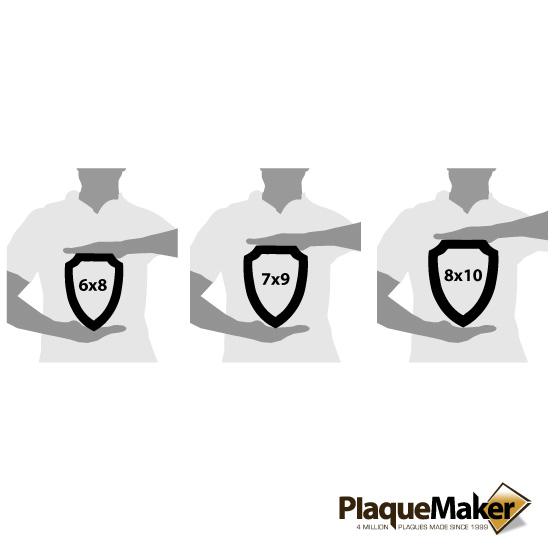 Custom Shield Plaque Size Guide featuring a depiction of a Gray man holding each size available of the shield plaque