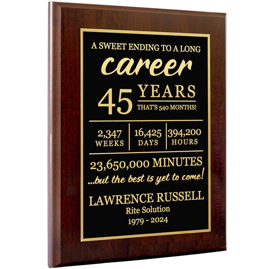 Retirement Plaque Featuring Years Worked And Custom A Sweet End To A Long Career Text And Wood Board
