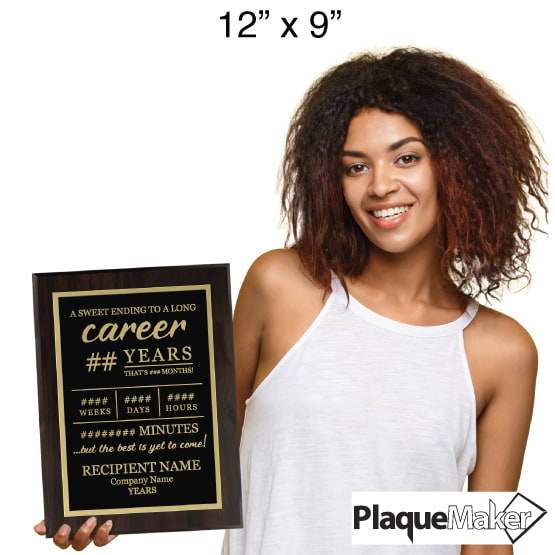 Size Guide With Young Woman Holding 12 By 9 Inch Retirement Plaque Showing Custom Areas And A Sweet End To A Long Career Text