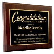 Custom Engraved Retirement Plaque With Personalized Recipient’s Name And Company Name. Laser Engraved Aluminum on Cherry Board.