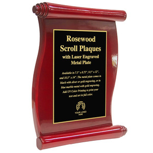 Custom Engraved Rosewood Scroll Plaques with Laser Engraved Plate designed with your message and logo.