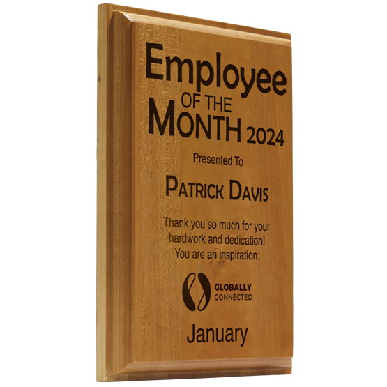 Solid Cherry Light Wood Plaque Featuring Employee Of The Month Award Text With Custom Name And Month
