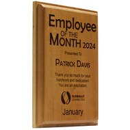 Solid Cherry Light Wood Plaque Featuring Employee Of The Month Award Text With Custom Name And Month
