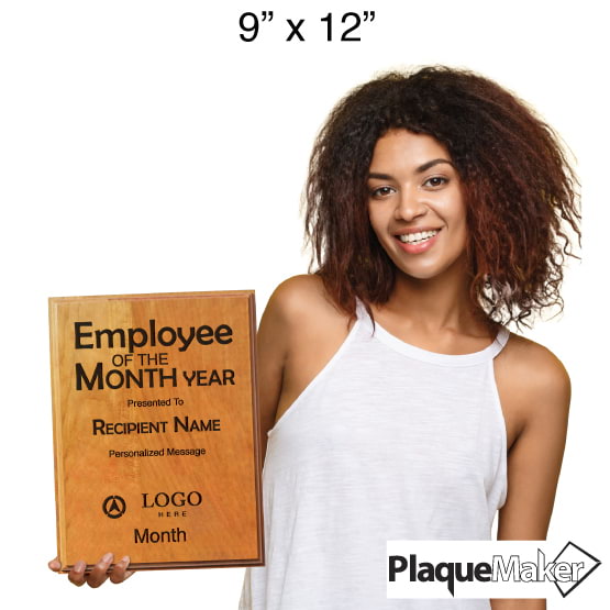 Sizing Guide With Young Black Woman Holding Custom 9 By 12 Inch Solid Cherry Plaque With Employee Of The Month Text Options