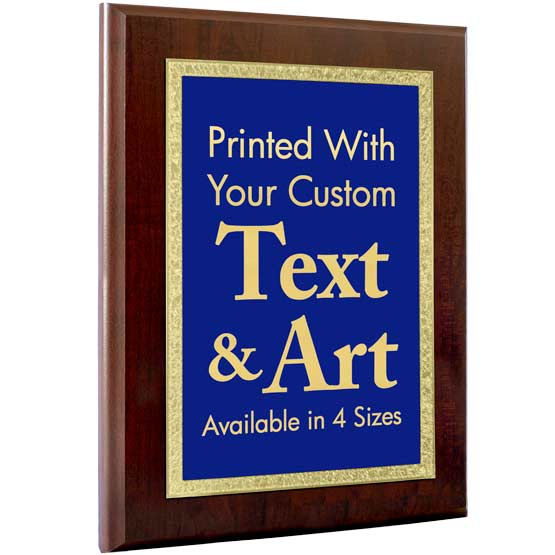 Custom Stainless Steel Plaque With Wood Board And Blue And Gold Florentine Design Showing Personalization Area