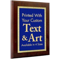 Custom Stainless Steel Plaque With Wood Board And Blue And Gold Florentine Design Showing Personalization Area