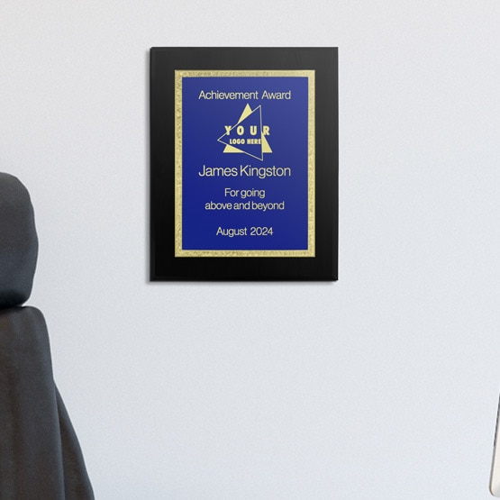 Custom Stainless Steel Plaque Award For Work Achievement With Black Board And Blue Plate And Florentine Border