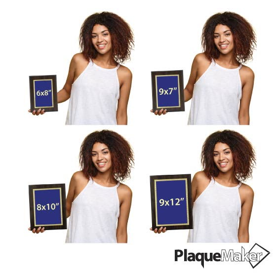 Woman Holding Four Different Sizes Of Custom Stainless Steel Plaque With Blue Plate And Gold Florentine Border