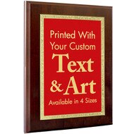 Custom Stainless Steel Plaque With Wood Board And Brass Plating And Red And Gold Design Showing Customization Area
