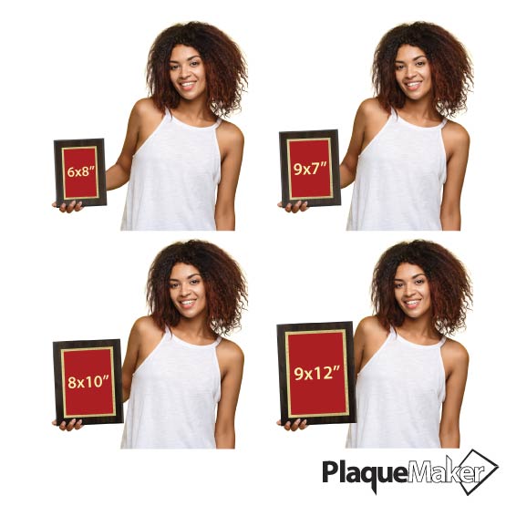 Woman Holding Four Different Sizes Of Custom Stainless Steel Plaque With Red Plate And Gold Florentine Border 