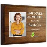 Full Color Walnut Plaque With Employee Of The Month Text And Custom Photo Of Woman And Date And Employee Name And Logo