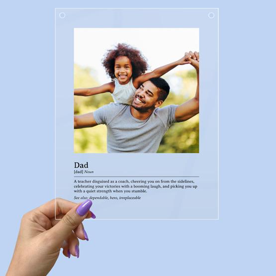 Hand holding a Clear Acrylic Father Definition Gift for Dad with custom photograph and definition.