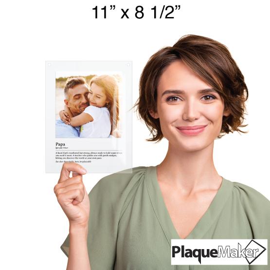 Custom Father Definition Acrylic Sign Size Guide. Picture shows woman holding sign to demonstrate the 11x8.5" size.