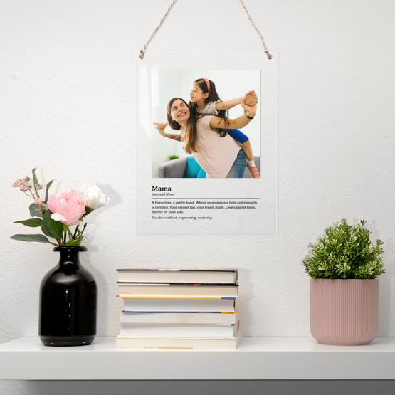 Custom Mother Definition Sign Gift Hanging on Wall with Twine over Shelf.