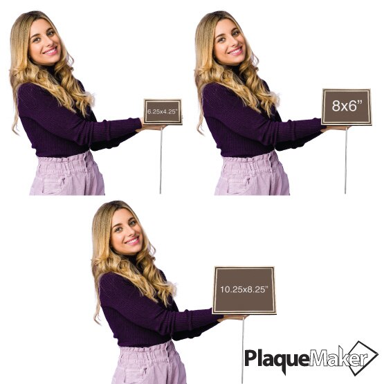Woman Holding All Available Sizes Of Cast Aluminum Bronze Signs To Demonstrate Size