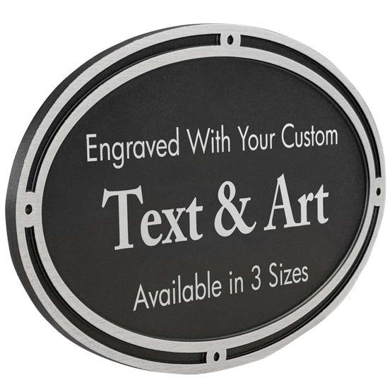 Custom Oval Cast Aluminum Sign With Screw Holes And Black And Silver Design Featuring Customization Options