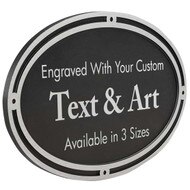 Custom Oval Cast Aluminum Sign With Screw Holes And Black And Silver Design Featuring Customization Options